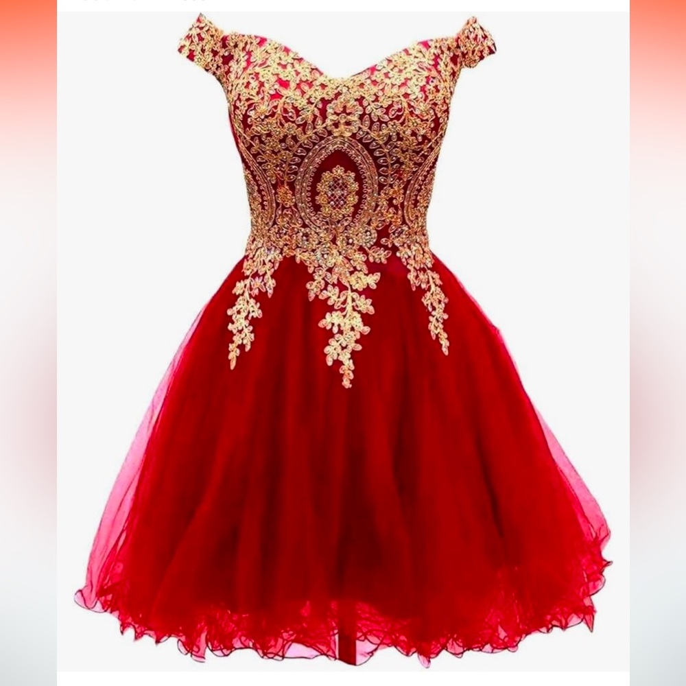 Red off shoulder with gold Quince dress